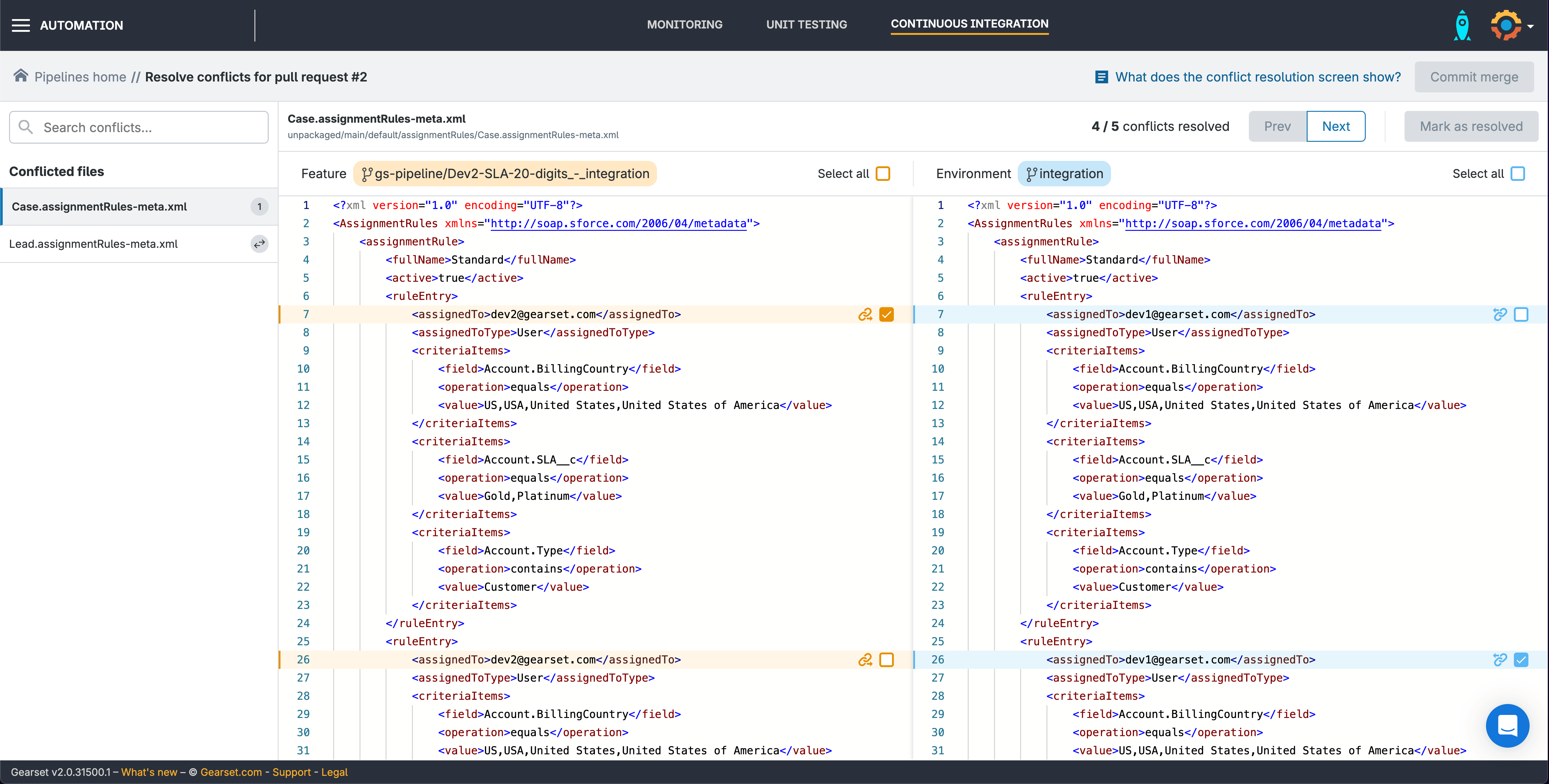 Gearset Pipelines merge conflict resolution