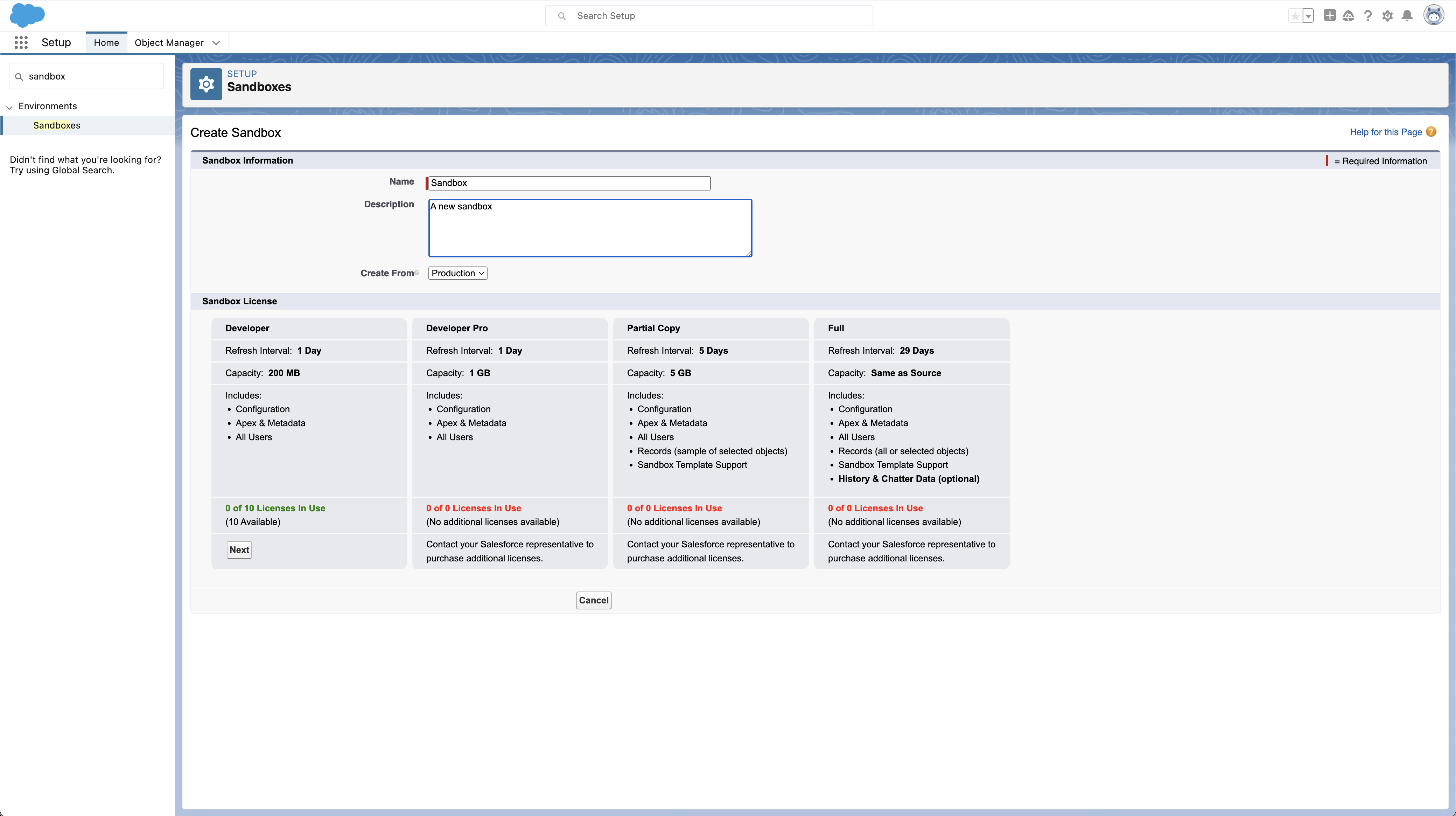 Salesforce sandbox screenshot